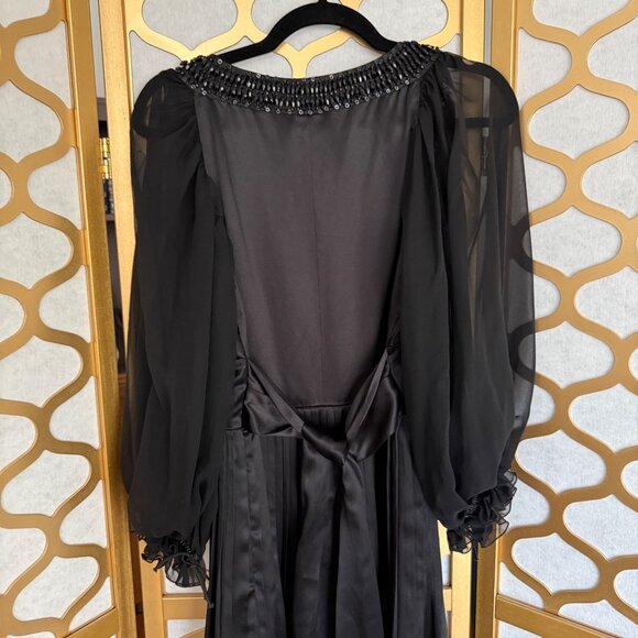 Lafayette 148 Size 4 Black Silk Sheer Sleeves Beaded Pleated Evening Gown - Picture 12 of 16
